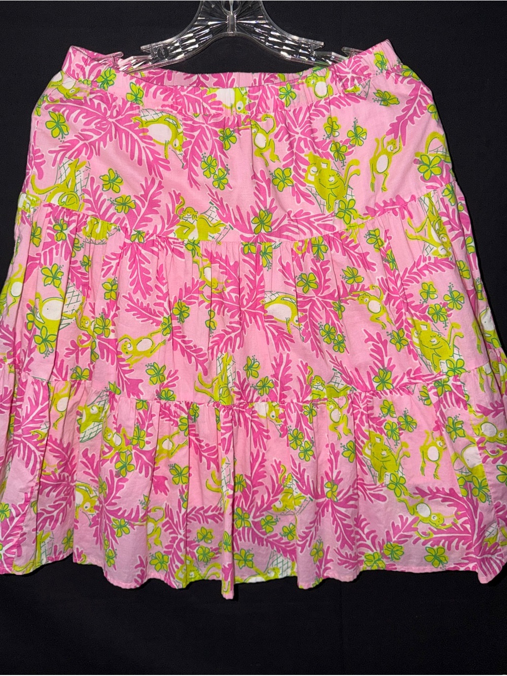 Lilly Pulitzer Pink Tiered Skirt with Lime Floral & Monkey Print XS